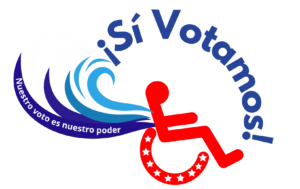 A wheelchair user colored in red is in the center tilted in motion facing to the left, there are stars along the wheel, with dark and light blue waves behind signifying air motions. The words in Spanish, Nuestro Voto Es Nuestro Poder [Our Vote is Our Power] is within one of the waves. In Spanish, Si Votamos [Yes We Vote] is written above the person in a semi-circle.